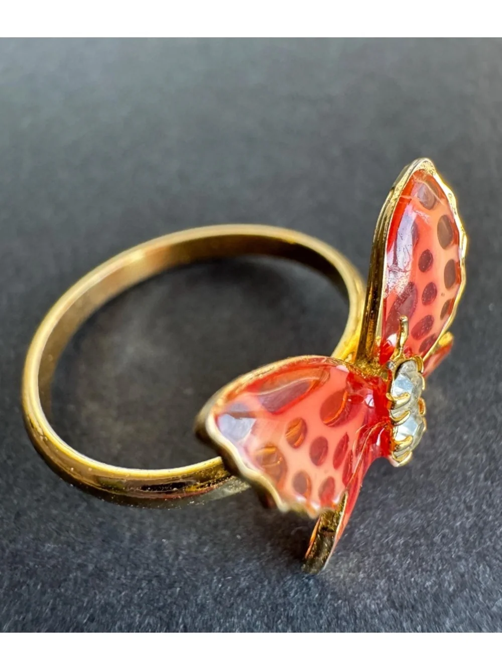 Vintage Glass Butterfly Adjustable Ring Gold Tone Rhinestone Costume Jewelry